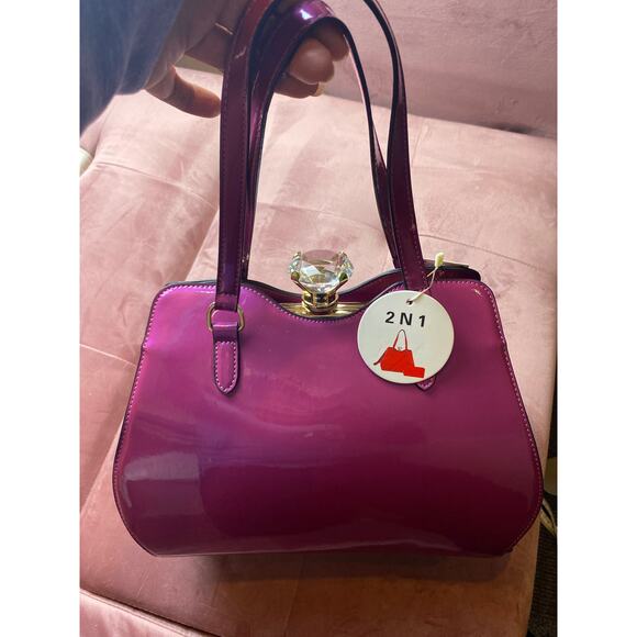 Le Miel Purple Glossy Patent Leather Faux Diamond 2-n-1 2x Handle Handbag RARE - Picture 5 of 16